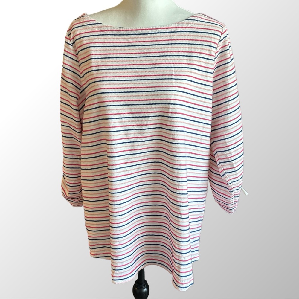 Talbots Top Women’s 1X White Blue & Pink Stripe Textured Long Sleeve‎ Crewneck